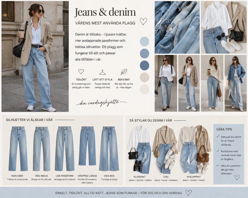 Jeans och denim vårmode 2026 dam – ljus denim och rakare modeller